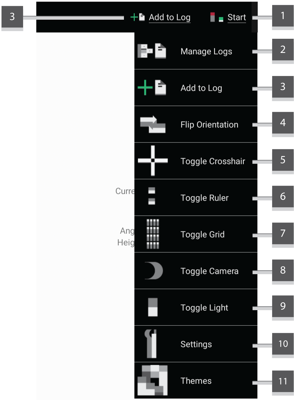 Image displaying the menu of the application with numeric annotations